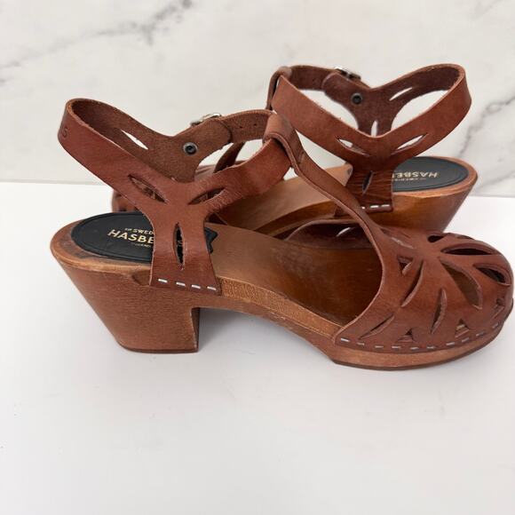 Swedish Hasbeens Women Lacy Sandal Size 36/ 6 Leather Cut Out Boho Neutral Brown - Picture 5 of 12